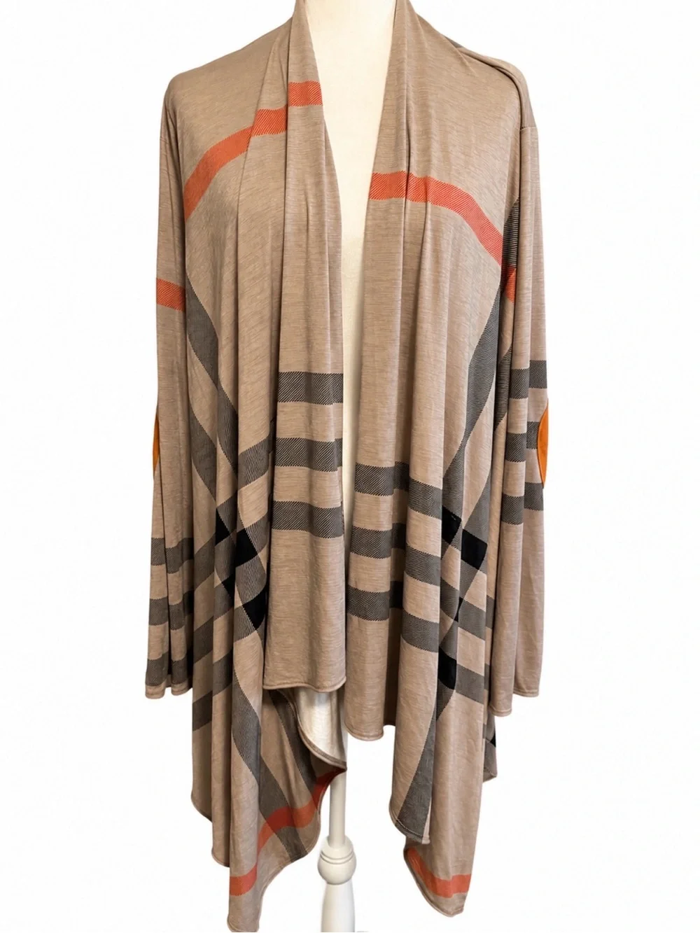3X ChicSoul Plaid Open Front Drape Cardigan with Faux Suede Elbow Patches